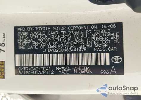 2008 Toyota Prius из США, поврежденный, VIN JTDKB20U483441478